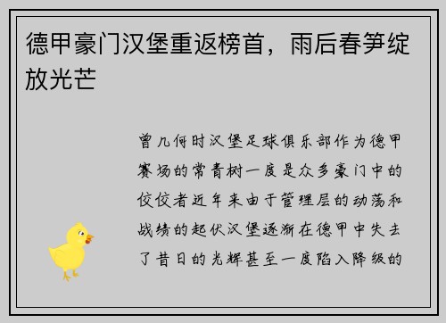德甲豪门汉堡重返榜首，雨后春笋绽放光芒